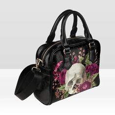 ► ABOUT THIS PURSE Colors: black, purple-violet Gorgeous Goth red-violet with skull, roses floral purse. Makes a great gift for yourself or anyone you love. The design is printed on both sides. The sides, bottom, handle and trim are black. • Manufactured with premium water-resistant PU vegan Black Rectangular Punk Bag, Black Rectangular Punk Style Bag, Punk Style Black Rectangular Bag, Gothic Black Crossbody Bag, Black Gothic Crossbody Bag, Alternative Style Black Satchel Bag, Black Rectangular Alternative Shoulder Bag, Gothic Black Bag With Zipper Closure, Gothic Bags With Adjustable Strap For Halloween