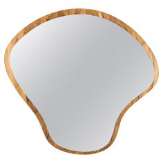 a wooden mirror with curved edges on a white background