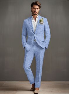 An excellent fit for warm-weather weddings yet equally at home in the depths of winter, our Desert Blue Linen Suit takes care of the need to modernize your formal selection. It's tailored to a sharp silhouette and designed in a fabric that features linen with a woven structure you'll love.   Look Includes  Desert Blue Linen Fabric  Two Button Jacket Style  Notch Lapel   Horn Royal Black  Buttons  Single Vent  Three Cuff Buttons  Two Welted Back Pockets on Trousers   You can change the look durin Light Blue Linen Suit, Blue Linen Suit, Brown Tweed Suit, Grey Tweed Suit, Woven Structure, White Linen Suit, Herringbone Tweed Jacket, Green Velvet Jacket, Peaky Blinders Suit