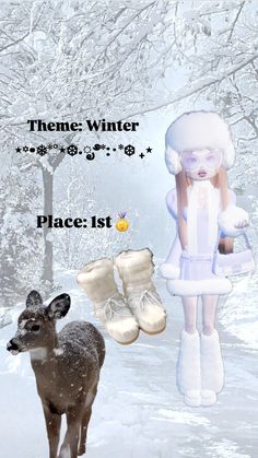 a girl in white dress and boots standing next to a deer with snow on it