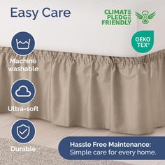 the easy care bed skirt is shown with instructions on how to put it in place