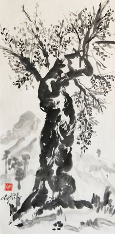 a black and white painting of a tree