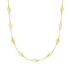 Ross-Simons - Italian 14kt Yellow Gold Navette Station Necklace. 18". This fanciful design will provide you with ample elegance and shine for a lifetime! Made in Italy of polished 14kt yellow gold, the necklace features openwork navette-style stations along a classic cable chain. Includes a 2" extender. Springring clasp, 14kt yellow gold navette station necklace. Elegant 14k Stamped Chain Necklace For Formal Occasions, Elegant 14k Gold Filigree Necklace, 14k Gold Filigree Necklace For Formal Occasions, Formal Yellow Gold Filigree Chain Necklace, 14k Yellow Gold Filigree Necklace, Formal Yellow Gold Diamond Cut Station Necklace, Yellow Gold Filigree Necklaces Gold-plated, Yellow Gold Filigree Necklaces Gold Plated, Yellow Gold Plated Filigree Necklaces