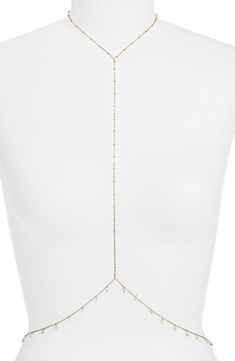 Completely wrap yourself in shine with this sleek body chain anchored by crystal charms. 18k-gold plate/crystal Made in the USA of imported materials Minimalist Gold Lariat Body Chain, Delicate Adjustable Gold Body Chain, M Necklace, Crystal Charm, Keep Jewelry, Fashion Advice, 18k Gold, Gold Necklace, Gold Plate