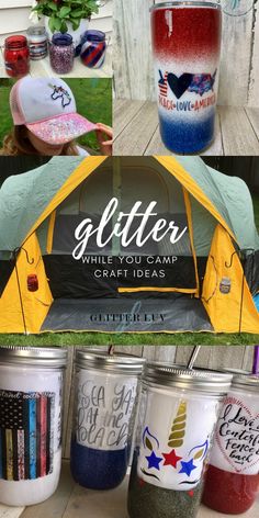 some jars with different designs on them and the words glitter written in white, red, blue