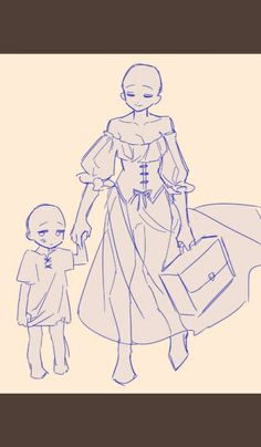 a drawing of a woman and child holding hands