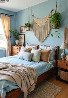 Light Blue Boho Bedroom Painted Planters, Boho Bedroom Decor Ideas, Relaxed Aesthetic