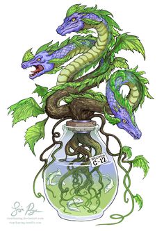 a dragon sitting on top of a vase filled with water