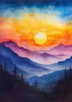 a painting of the sun setting over mountains