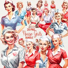 vintage nurse girls in red and white uniforms with the words nurse girls bundle on them