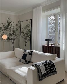 a living room with a white couch and black and white throw pillows on the sofa