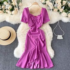 Size Chart（cm）   Size S M L XL Bust 78 82 86 90 Length 98 99 100 101 Waist 64 68 72 76 Sleeve 23 24 25 26 Hip 80 84 88 92 Band：Orchidmet Product Type:Midi Dress Style:Sexy  Sleeve Length: short Sleeve Collar-line:  V-neck  Waist Type: Normal Pattern Type:Solid Package:1*Dress Size tips: 1. Manual measurement, around 1cm difference allowed. 2. Due to reason of light and display,there may be a slight color difference between the picture and real product . Summer V-neck Fitted Mermaid Dress, Fitted V-neck Mermaid Summer Dress, Fitted V-neck Mermaid Dress For Summer, Fitted Pink Mermaid Dress For Summer, Fitted Purple Mermaid Dress With Ruffles, Purple Mermaid Hem Summer Dress, Purple Mermaid Dress For Summer, Summer Purple Mermaid Dress With Mermaid Hem, Purple Summer Mermaid Dress