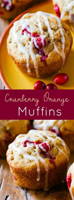 cranberry orange muffins with white icing on a yellow plate next to other muffins