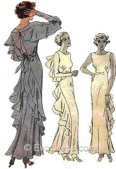 How To Make Ruffles, Evening Gown Pattern, 1930's Fashion, Patron Vintage, Eva Dress, Vintage Pics, Gown Pattern