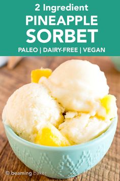 two ingredient pineapple sorbet in a blue bowl