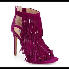 New With Tags- Paid $90 Plus Tax Elegant Fringe Heels For Spring, Elegant Spring Fringe Heels, Chic Fringe Heels With Round Toe, Purple High Heel Shoes, Purple High Heels, Fringe Shoes, Purple Sandals, Bohemian Sandals, Fringe Heels