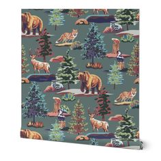 an animal themed wallpaper with trees and animals in the woods on grey, green background