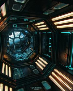 the inside of a sci - fi space station looking down at its lights and door