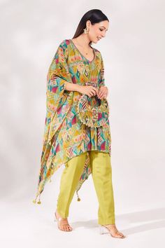 Lime padded kaftan with abstract print and embellished with cutdana, sequins and beads embroidery. Paired with palazzo and matching bag. - Aza Fashions Diana Penty, Beads Embroidery, Abstract Leaf, Palazzo Set, Luxury Sale, Beaded Neckline, Modern Bride, Set For Women, Flared Sleeves