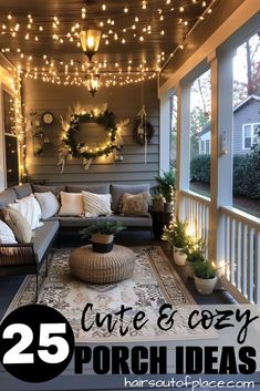 the porch is decorated with christmas lights and wreaths