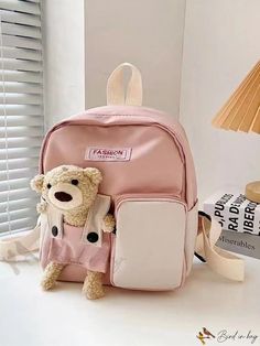 Bird in Bag - Canvas Backpack with Cartoon Bear Decoration - Multi-Pocket Design, Perfect for College Cute School Backpack With Pockets, Back To School Backpack With Side Pockets, Pink Backpack With Pockets, Cute School Bag With Zipper Pocket, Cute School Bags With Zipper Pocket, Pink Travel Backpack With Pockets, Cute Backpack With Zipper Pocket For Everyday Use, Functional Pink Backpack With Pockets, Pink Backpack With Pockets For Daily Use