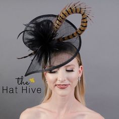 "Fascinator in BLACK with pheasant feather loop. Fastens with matching satin headband. Perfect for your wedding, church, horse races, formal events and tea parties! -Available in other colors -Light and comfortable to wear -Ready to ship -Group discount on 4 or more pieces Check out our men's tie collection! Find one to match your hat! Plain, floral and plaid bow ties and neck ties available here: https://www.etsy.com/shop/TheHatHive?ref=seller-platform-mcnav&section_id=18551844 I understand the Derby Party Outfit, Blush Pink Fascinator, Womens Tea, Pink Fascinator, Black Fascinator, Plaid Bow Tie, Churchill Downs, Pheasant Feathers, Tea Party Hats