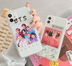 the phone case has an image of bts on it and is attached to a card holder