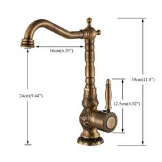 the brass faucet is shown with measurements