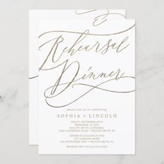 an elegant wedding reception card with gold foil lettering on white paper, and the word celebration dinner written in cursive script