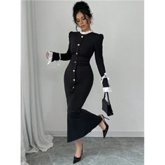 -Item Id 44302608 -Details: Button, Split, Button Front -Neckline: Stand Collar -Sleeve Type: Puff Sleeve -Style: Elegant -Type: Bodycon -Waist Line: Natural -Hem Shaped: Mermaid -Color: Black And White -Pattern Type: Colorblock -Sleeve Length: Extra-Long Sleeve -Fit Type: Slim Fit -Length: Long -Material: Knitted Fabric -Composition: 95% Polyester, 5% Elastane -Care Instructions: Machine Wash Or Professional Dry Clean -Sheer: No -Fabric: Slight Stretch **Open To Offers!!!** **Bundle To Save Mor Mafia Dress, Elegant Long Dress, Extra Long Sleeves, Elegant Dresses Long, Black Long Sleeve Dress, Classy Chic, 2024 Fashion, Chic Boutique, Style Elegant