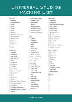 the universal studio packing list is shown in green and white with black lettering on it