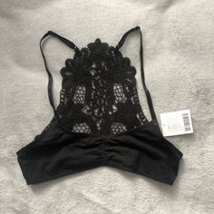 Nwt Urban Outfitters Out From Under Black Bralette With Crochet Lace Back Casual Black Summer Bra, Summer Black Crop Top With Lace Trim, Black Lace Trim Crop Top For Summer, Black T-back Top For Spring, Black Lace Bra For Spring, Black Stretch Bra With Lace Trim, Black Stretch Bra For Summer, Summer Black Stretch Bra, Summer Stretch Black Bra