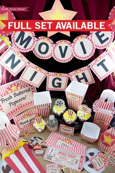 a movie night party with popcorn boxes and cupcakes