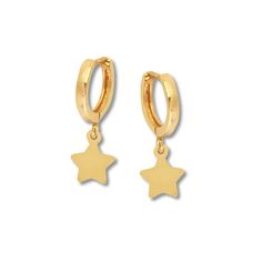 These adorable earrings for her feature dainty stars dangling from hoops. The 14K yellow gold earrings secure with hinged backs. Dainty Stars, Dainty Gold Earrings, Gold Diamond Earrings Studs, Gold Stock, Jewelry Advice, Yellow Gold Earrings, Kay Jewelers, Yellow Gold Earring, Rose Gold Diamonds