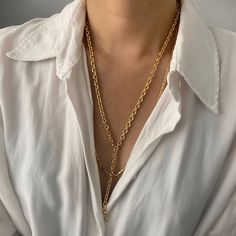 18K Gold Chain Lariat Necklace Chunky Chain Y Necklace - Etsy Y Necklace Gold, Long Drop Necklace, Necklace Outfit, Necklace Gold Chain, Lion Necklace, 18k Gold Chain, Long Silver Necklace, Y Necklace, Gold Long Necklace