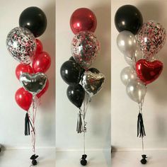 three pictures of balloons with black and silver confetti on them, one has a heart shaped balloon