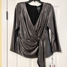 Gorgeous Grey Sparkly Blouse! Super Lightweight! Fall Evening Blouse With Shimmer, Glamorous Holiday Formal Blouse, Elegant Long Sleeve Shimmer Blouse, Elegant Evening Blouse For Holidays, Elegant Silver Tops For Holidays, Festive Silver Elegant Blouse, Chic Shimmer Blouse For Evening, Glamorous Metallic Blouse For Formal Occasions, Glamorous Metallic Shimmer Blouse