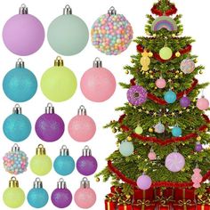 a christmas tree with many ornaments and balls on it's top, in front of a white background