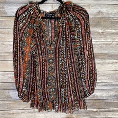 Lucky Brand Boho Shirt Xs Can Easily Fit Up To A Size 6 Since It’s Oversized Light And Airy Brown Boho Print Blouse For Fall, Brown Boho Print Tops For Fall, Casual Brown Boho Print Top, Casual Printed Brown Blouse, V-neck Boho Print Blouse For Day Out, Affordable Bohemian Blouse With 3/4 Sleeves, Spring Free-spirited Boho Print Blouse, Bohemian V-neck Printed Blouse, Bohemian Long-sleeve Blouse With Boho Print