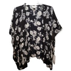 L.I.F.E Love Is For Eternity Open Front Cardigan Poncho Black Gray White Medium Nwt! Soft Rayon Gauzy Feel Wide Arm Openings High Side Slits Multiple Wear Options Swim Cover-Up Or A Boho Bohemian Flowy Kimono Chic One Size Open Front Top, Casual Black Cardigan With Floral Print, Black Wrap Cardigan For Spring, Black Summer Outerwear For Daywear, Swim Cover, Women Life, Open Front Cardigan, Boho Bohemian, Front Open