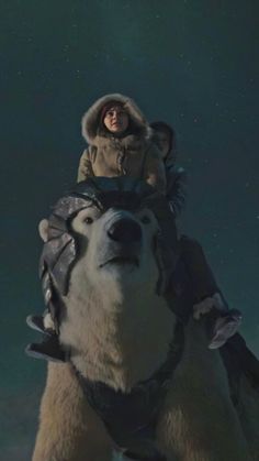 a man riding on the back of a polar bear in front of a sky filled with stars