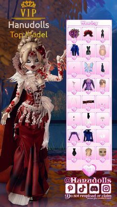 an image of a doll with many outfits and accessories on her chest, standing in front of a poster