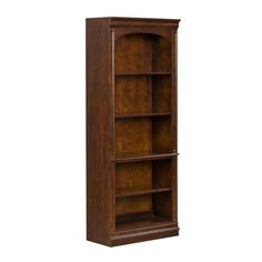 a tall wooden bookcase with three shelves