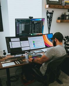 a man sitting at a desk in front of three computer monitors