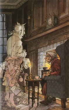 an old man sitting in a chair next to a woman with a horse on her back