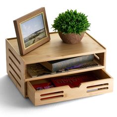 a wooden table with a potted plant on top and magazines in the bottom drawer