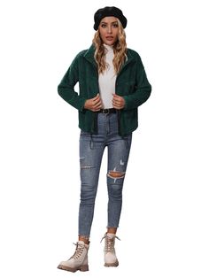 Women's Round Neck Adjustable Rope Zipper Plush Casual Jacket - blackish green,XL Casual Green Fleece Jacket For Fall, Long Sleeve Fleece Jacket With Zip For Fall, Long Sleeve Outerwear For Fall, Casual Long Sleeve Fleece Jacket With Zipper, Green Long Sleeve Outerwear With Zipper Closure, Fall Hooded Fleece Jacket With Zip Fly, Hooded Fleece Jacket With Zip Fly For Fall, Green Casual Outerwear With Zipper Closure, Casual Green Outerwear With Zipper Closure