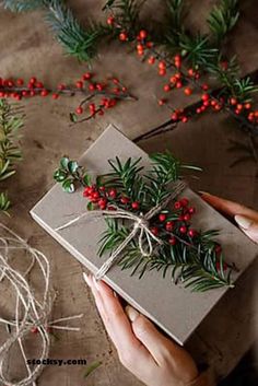 two hands holding a wrapped present with red berries and greenery on the top, surrounded by twine of twine