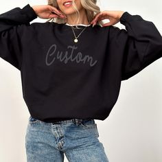 Introducing our custom puff sweatshirt, the perfect blend of comfort and style! This puff print sweatshirt features a unique puff print that gives it a trendy embossed look, making it an eye-catching addition to your wardrobe. Personalize it with your team name or any custom design to make a statement wherever you go.       SIZING    * UNISEX sizing  * Please check the size chart in the listing photos for measurements. Size down for a tighter fit Normal size for loose comfy fit Size up for overs Custom Print Long Sleeve Sweater For Streetwear, Streetwear Crew Sweatshirt With Custom Print, Black Long Sleeve Sweatshirt With Custom Text, Casual Sweatshirt With Custom Print And Crew Neck, Casual Crew Sweatshirt With Custom Print, Custom Text Long Sleeve Tops For Streetwear, Trendy Custom Print Sweatshirt For Streetwear, Trendy Streetwear Sweatshirt With Custom Print, Casual Customizable Sweatshirt For Fall