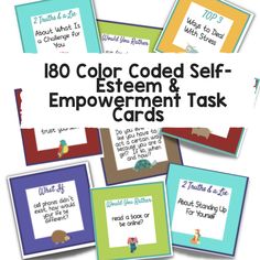 colorful cards with the words, 80 color code self - improvement and task cards